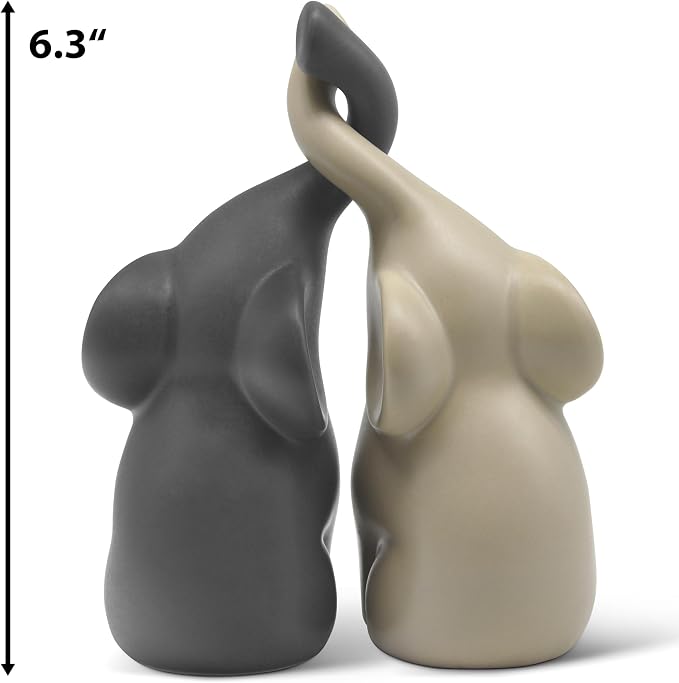 Vaudagio Loving Pair of Elephants in Beige & Grey - Modern Ceramic Sculpture - Figurine as a Set - Decoration Figure 6.3" high - Ornament Elephant in Love