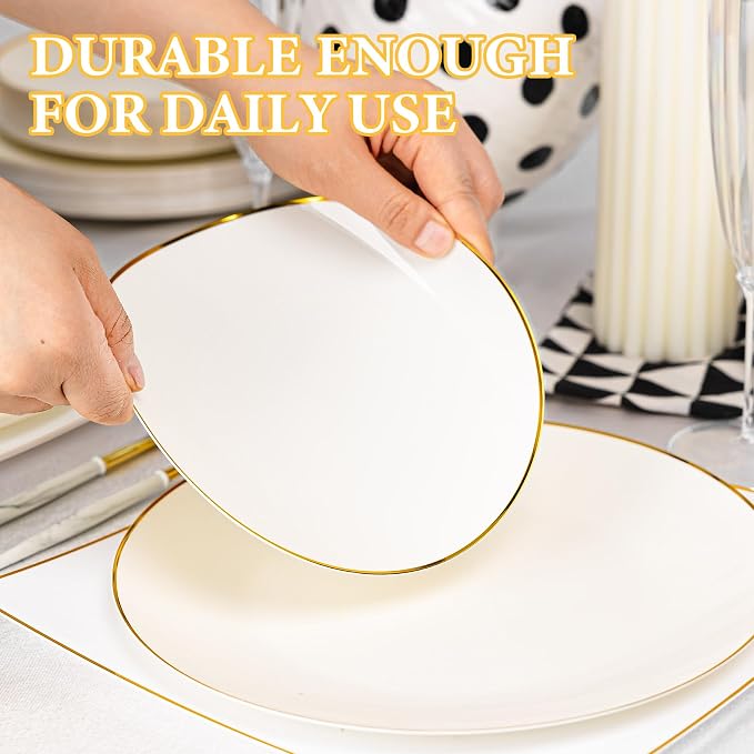 Lullaby 100PCS Ivory and Gold Plastic Plates, Disposable Ivory Plastic Plate with Gold Rim, 50PCS Dessert Plates 7" and 50PCS Dinner Plates 10", Perfect for Party Wedding and Daily Use