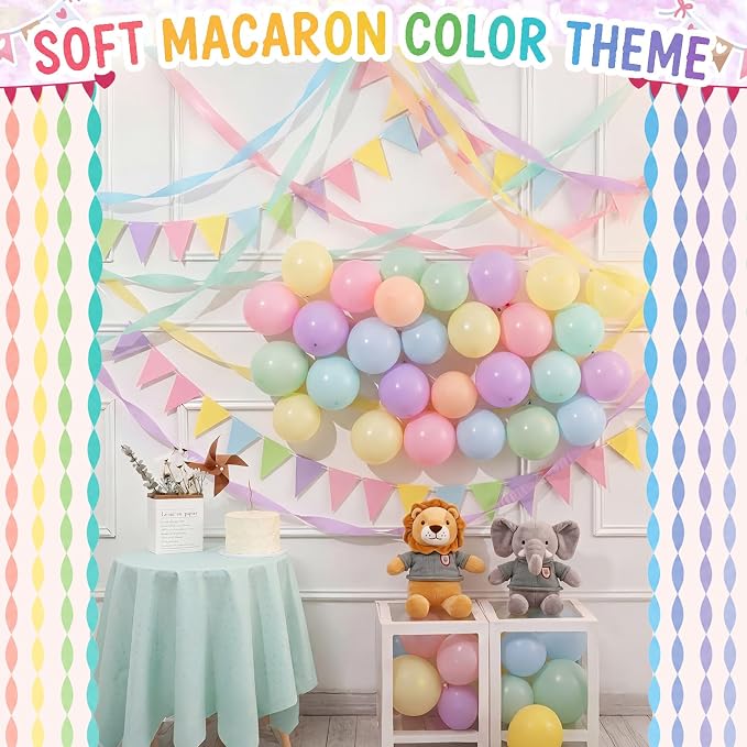 Sabary 40 Pcs Pastel Birthday Party Decorations Set, 738ft Pastel Crepe Paper Streamers, 6 Rainbow Pennant Banner Flags and 25 Pcs 12'' Macaron Balloons for Wedding Birthday Party Hanging Decor
