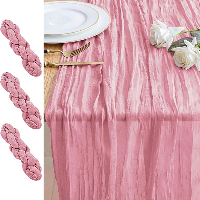 3PCS Table Runner Cheesecloth 10FT Pink Boho Gauze Cheese Cloth Rustic Sheer Table Runners for Wedding Birthday Bridal Baby Shower Party Decoration
