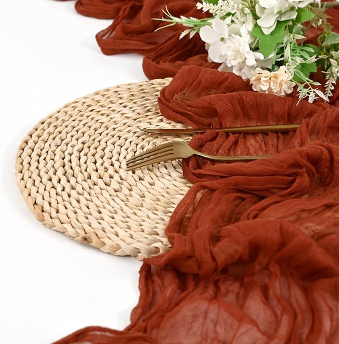 12 Pack Terracotta Cheesecloth Table Runner 10FT Boho Gauze Cheese Cloth Table Runner Rustic Sheer Fabric Table Runners for Wedding Bridal Shower Baby Shower Party(21.5×120 Inch)