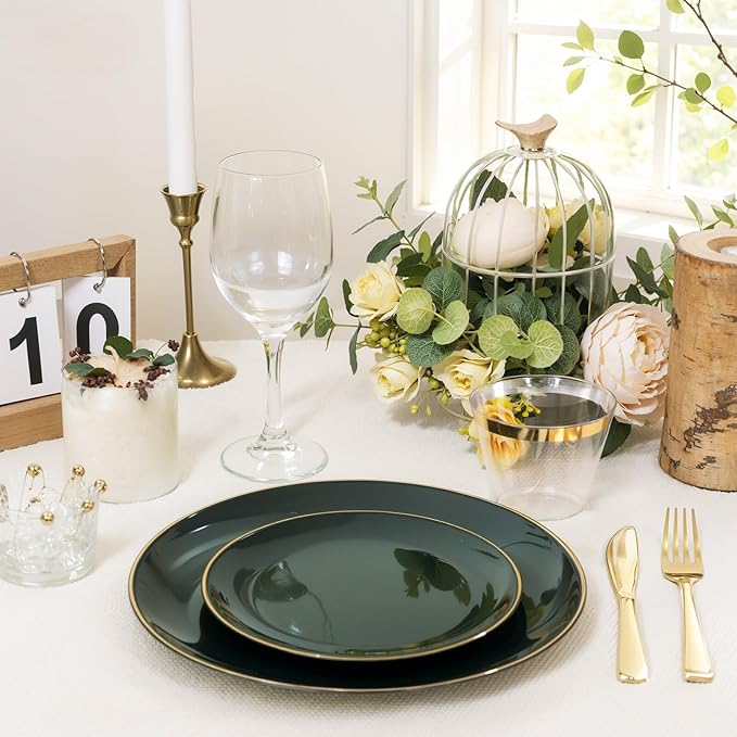 WDF 150Pcs Green Plastic Plates - Green Plates Disposable with Gold Rim - 25Guest Disposable Dinnerware Include 50 Plastic Plate, 75 Gold Cutlery & 25 9oz Cups for Wedding/Party/Birthday
