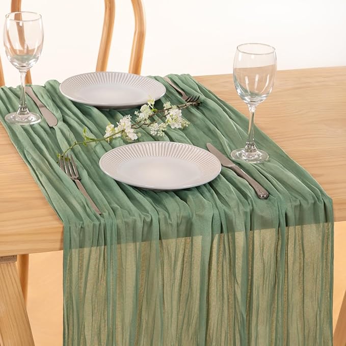 MLMC 3 Pack Sage Green Table Runner 10ft Rustic Boho Cheesecloth Table Runner Spring Cheese Cloth Centerpiece Decor 35x120 Inches for Wedding Bridal Baby Shower Decor