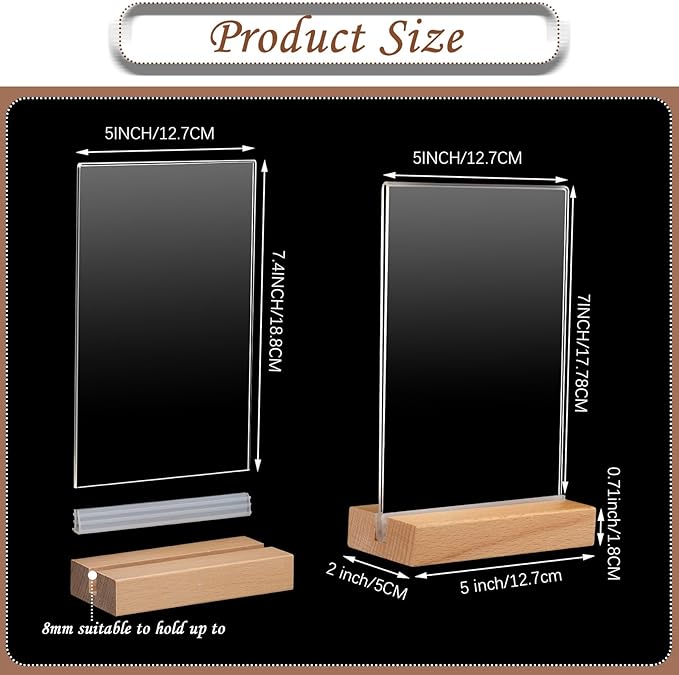 Vinsot 24 Pack 5 x 7 Inch Clear Acrylic Sign with Wood Base T Shape Sign Holder Vertical Blank Stands Desktop Display Plastic Menu Frame Double Sided Stand for Wedding Restaurant Party Decor
