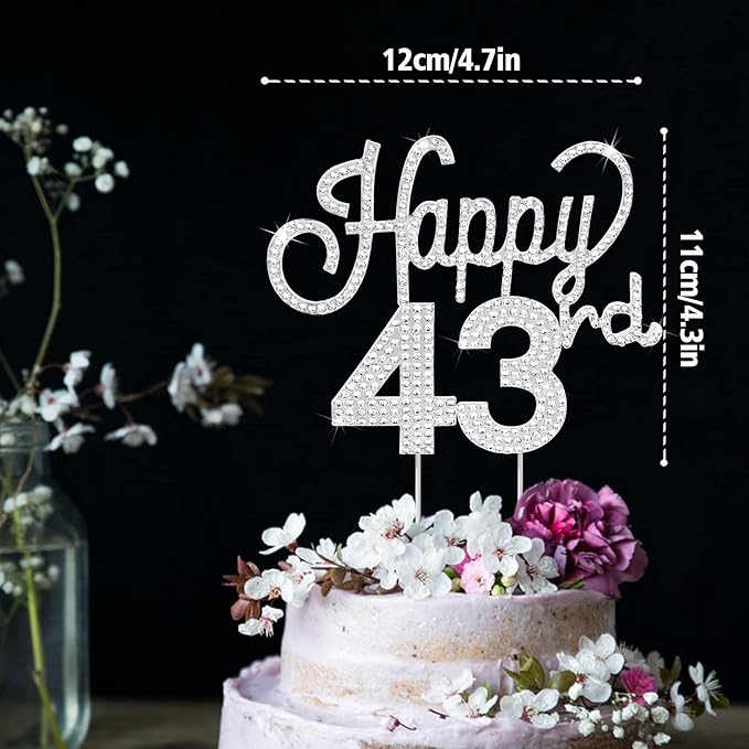 LINGTEER Happy 43rd Birthday Silver Rhinestone Cake Topper - Cheers to 43rd Birthday 43 Years Old Anniversary Party Cake Centerpieces Topper Decorations Gift Sign.