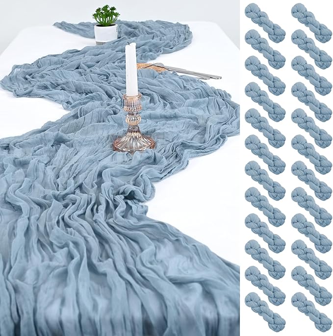 24 Pack Dusty Blue Cheesecloth Table Runner,10FT Boho Gauze Table Runners,35 x 120 inch Rustic Long Sheer Fabric Cheese Cloth Table Runner for Wedding Party Bridal Shower Christmas Decorations