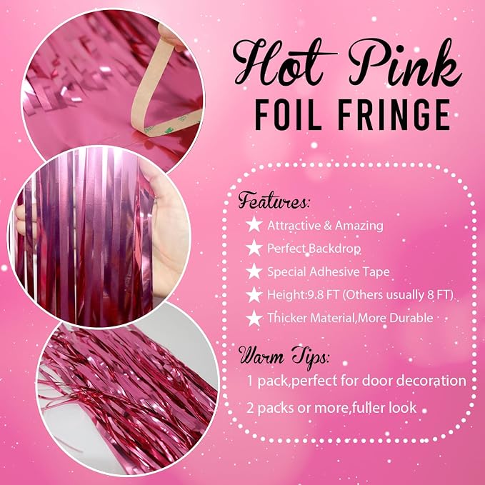 GOER 3.2 ft x 9.85 ft Metallic Tinsel Foil Fringe Curtains Party Photo Backdrop Party Streamers for Galentines Day,Birthday,Graduation,New Year Eve Decorations Wedding Decor (5 Packs,Hot Pink)