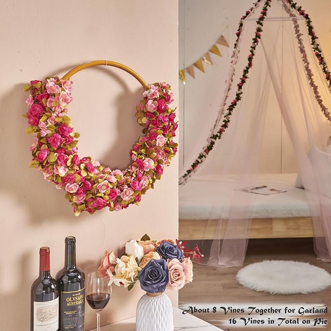 PONKING 8 Pcs x 8.2 ft Flower Garland Artificial Rose Vine Flowers with Green Leaves Hanging Fake Roses Vine for Room Party Home Wedding Birthday Christmas Wall Arch Decor, Fall Purple Flower