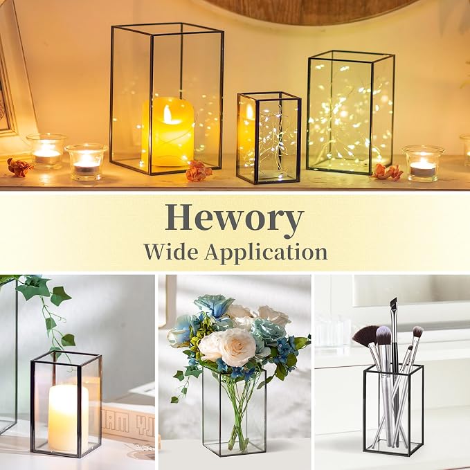 Glass Hurricane Candle Holder Large - Hewory 3pcs Black Rectangle Flower Holders Centerpiece for Table, Tall Floor Square Pillar Candle Lantern for Wedding, Anniversary, Party, Fireplace, Dining Room