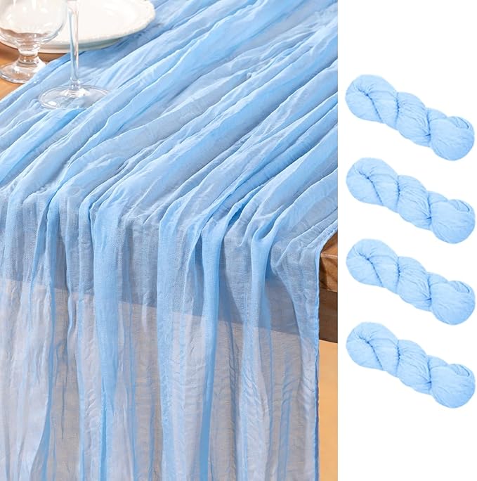 DeZerlor Baby Blue Cheesecloth Table Runner 4 Pack Spring Easter Table Runners Boho Gauze 120 Inches Light Blue Table Decor for Wedding Bridal Baby Shower Parties