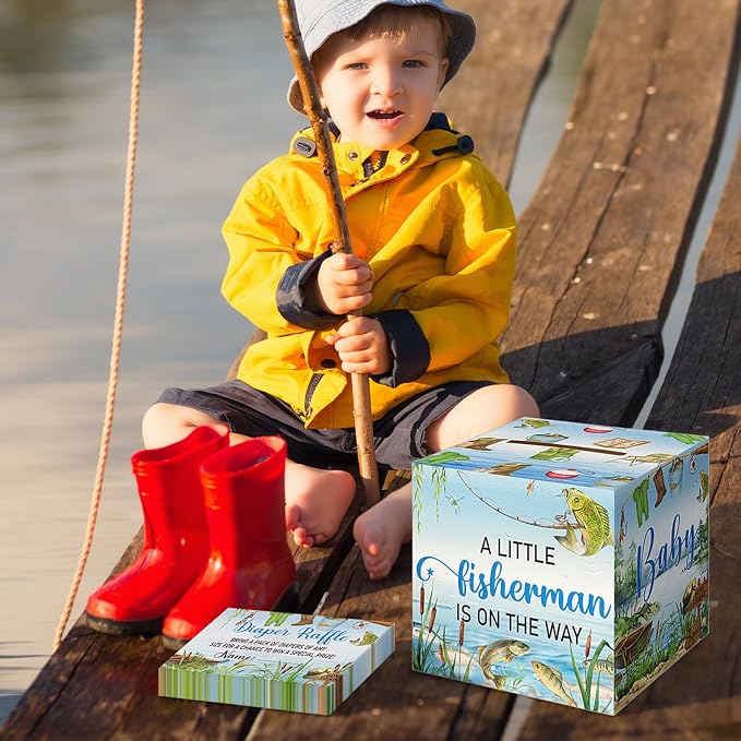 Teling 51 Pieces A Little Fisherman is on the Way Diaper Raffle Tickets with Card Box Baby Shower Decorations Gender Reveal Holder Box for Girl Boy Diaper Raffle Party