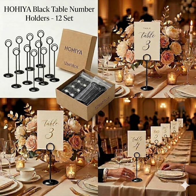 HOHIYA 12 Pack Black Table Number Holders 12" Wedding Place Card Stands | Stable metal stands display table numbers, menus, photos and reserved signs for weddings, restaurants and special events.