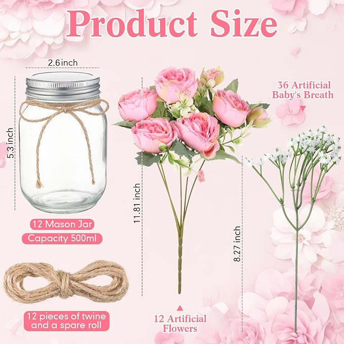 Zeyune 12 Sets Mason Jar Centerpiece Table Decorations, Artificial Peony Baby's Breath Flower Bouquets, Faux Flowers with Vase, Rustic Decor Gifts for Home, Wedding, Holiday (Coral Pink)