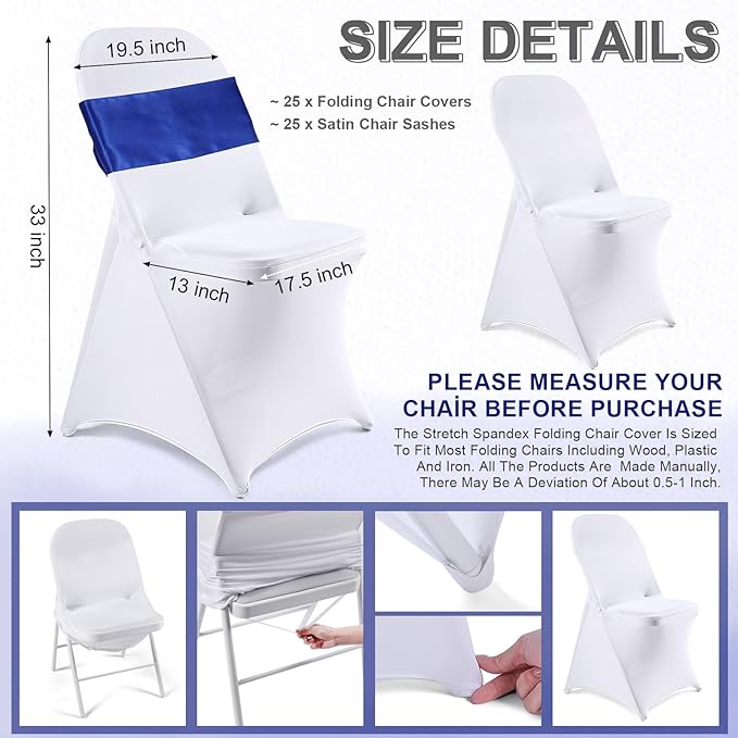 Lounsweer 50 Pcs Folding Chair Cover Set with 25 Stretch Spandex Slipcovers 25 Satin Chair Sashes Bows Ribbon Washable Banquet Protector for Wedding Event Party(White, Royal Blue)