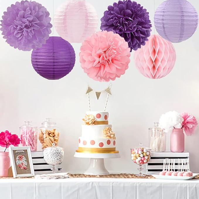 Pink Purple Paper Flowers Tissue Pom Poms Honeycomb Lanterns 15pcs Party Decorations Lavender Birthday Wedding Baby Bridal Shower Lilac Valentines Mothers Day Hanging Supplies Mprocherify