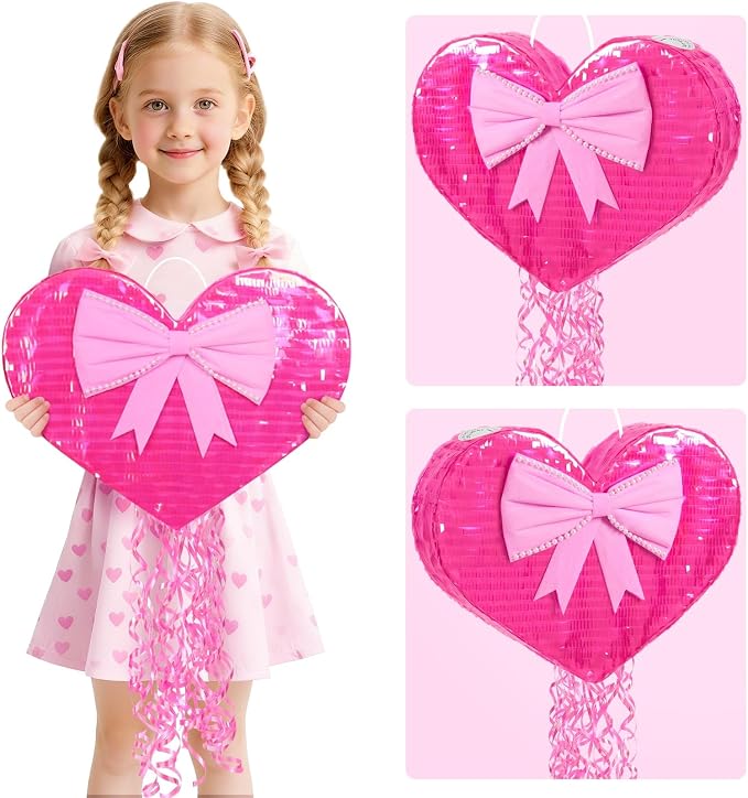 WERNNSAI Heart Piñata - Pink Heart Pull String Piñata Decoration for Women' Birthday Party Couples Dating Supply Engagement Wedding Surprise with Blindfold Stick (16.5" x 13.5" x 3")