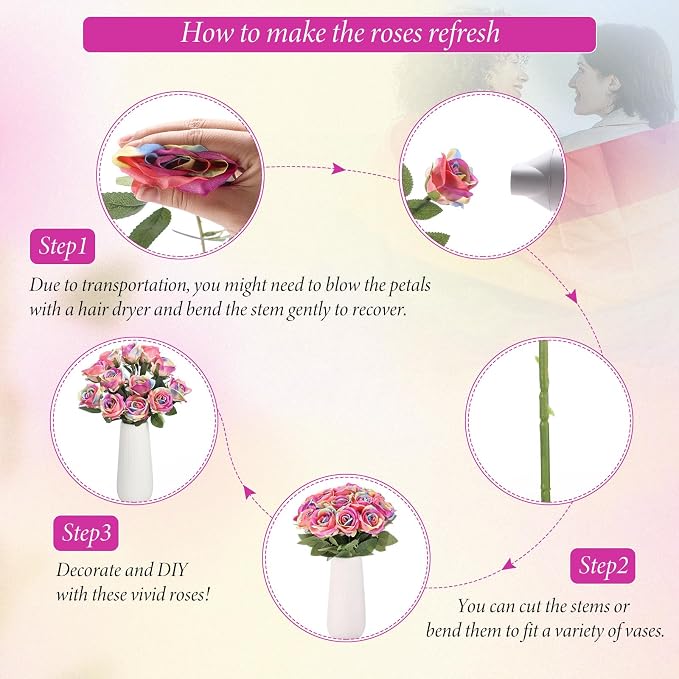 Hotop 20 Pcs Artificial Rose Flowers with Long Stem, Real Lifelike Silk Realistic Plastic Bouquet Roses Bulk for Home Decor Bridal Wedding Party Table Centerpieces Decorations(Rainbow)