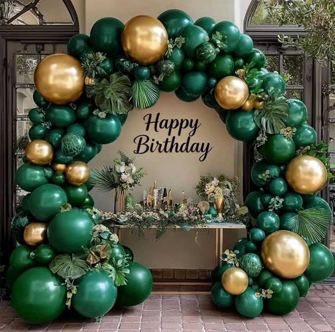 Emerald Green Gold Balloons Garland Double Stuffed Dark Green Gold Balloons Hunter Forest Metallic Arch Kit for Birthday Baby Shower Jungle Graduation Prom Party Decorations