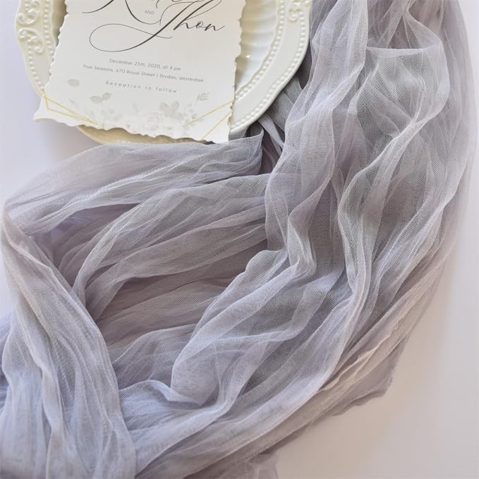 Joanlody Light Gray Cheesecloth Table Runner Spring Summer 10Ft Rustic Gauze Boho Cheese Cloth Table Runner for Wedding Bridal Baby Shower Decoration 4 Pack