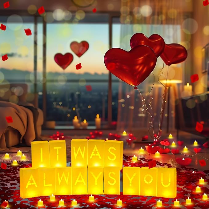 Aurelema 6086 Pcs It was Always You Light up Letters with LED Flameless Tealight Candle Red Rose Petal Letter Luminary Paper Bag for Valentine's Day Decoration Proposal Romantic Special Night Decor