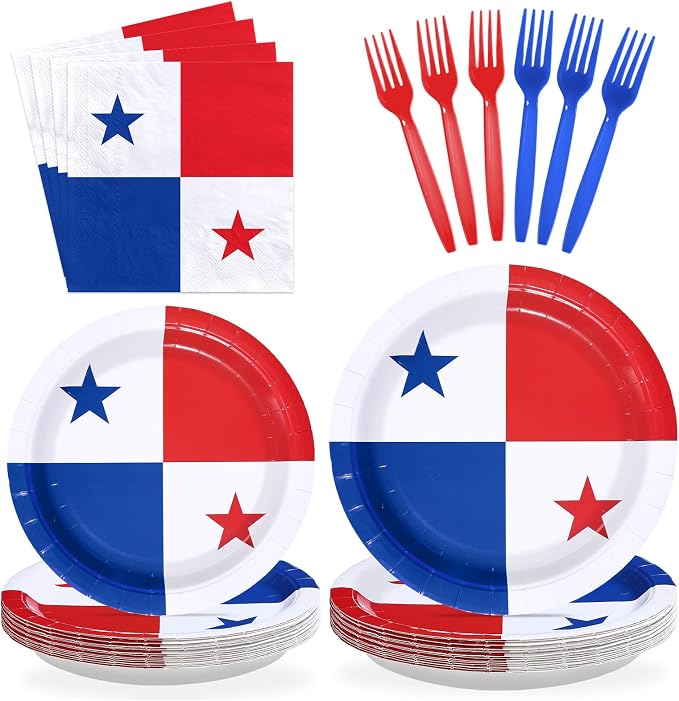 96Pcs Panama Flag Party Supplies Panama Theme Plates and Napkins National Flag Disposable Paper Tableware Set for Soccer Sports Events Patriotic Festival Brithday Party Decoration Serves 24