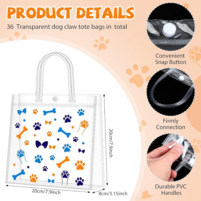 Supervitae 36 Pcs Dog Paw Clear Favor Bags with Handle Reusable Plastic PVC Gift Bag Animal Goodies Treats Wrap Totes for Christmas Birthday Party Supplies, 8 x 8 x 3.15 Inch
