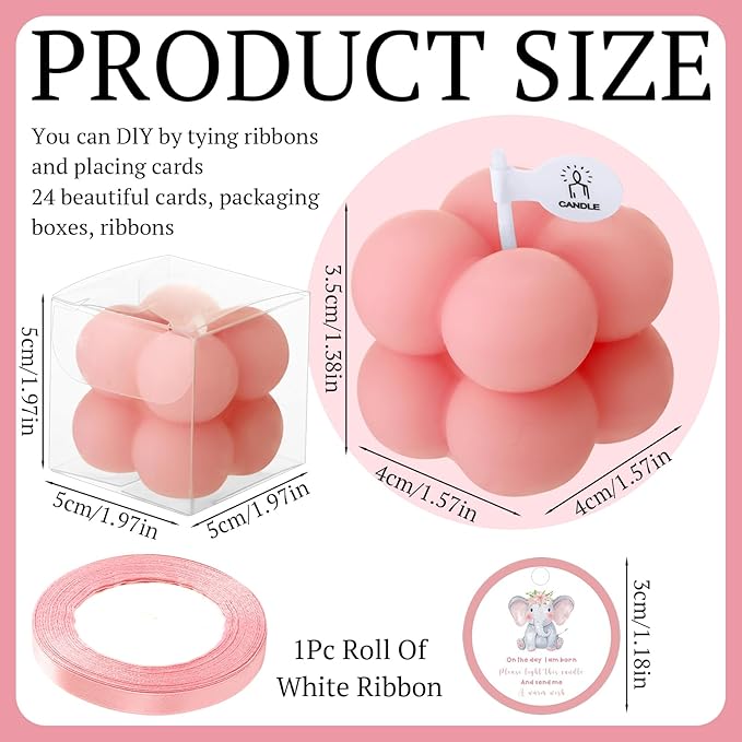 MTLEE 24 Sets Elephant Baby Shower Candle Favors Small Bubble Candle Baby Shower Favors for Guests Tea Candles Bulk with Stylish Ribbons Cards Gifts Party Decoration(Pink,Elephant)