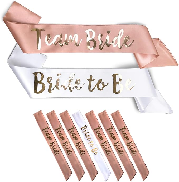 Team Bride 7pc Satin Sash Set - Sophisticated & Fun Party Favors for Bachelorette Party, Bridal Shower & Wedding Party (7pc Set, Rose Gold)