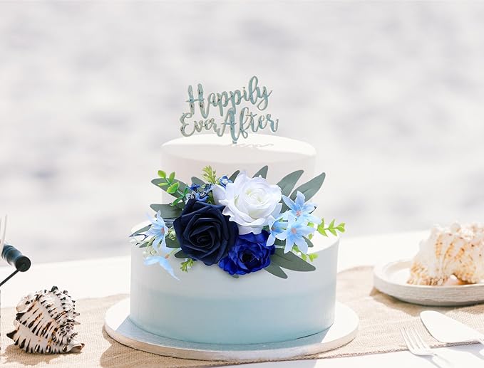 CherishedMoments 1Pcs Wine Bottle Flower Set, Dining Tables, Plates Decorations，Navy Blue Artificial Flowers Wine Cup for Wedding Ceremony Anniversary, Wedding Home Decor