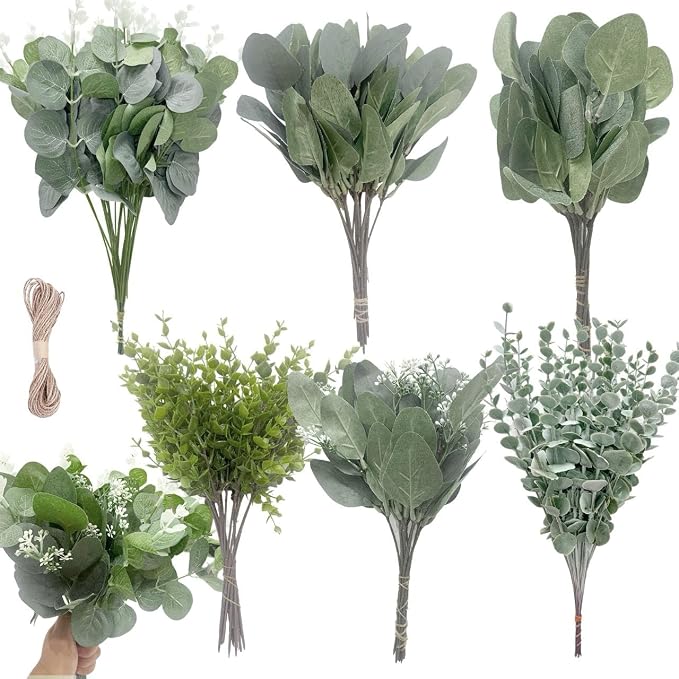 Eucalyptus Leaves Stems 90 PCS, 6 Kinds Mixed Greenery Bulk, Faux Silver Dollar Eucalyptus Stems, for DIY Bouquets Floral Arrangement Wedding