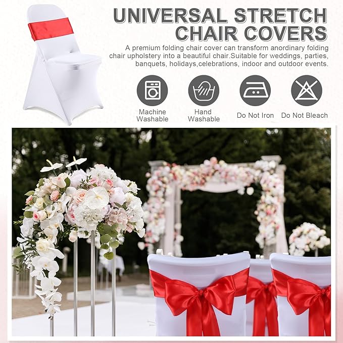 Lounsweer 50 Pcs Folding Chair Cover Set with 25 Stretch Spandex Slipcovers 25 Satin Chair Sashes Bows Ribbon Washable Banquet Protector for Wedding Event Party(White, Red)