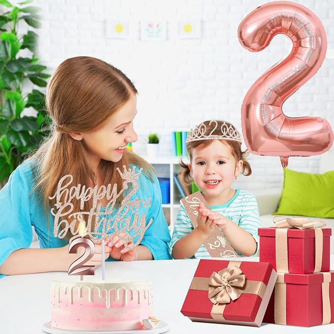 2nd Birthday Decorations for Baby Girls, Including 2nd Birthday Sash and Tiara, Cake Topper and Candle, Number Balloon, 2 Year Old Gifts for Girls