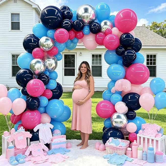 Navy Blue Pink Balloon Garland Double Stuffed Dark Blue Hot Pink Silver Balloons Royal Pastel Balloon Arch Kit for Birthday Gender Reveal Baby Shower Graduation Tropical Hawaii Party Decorations