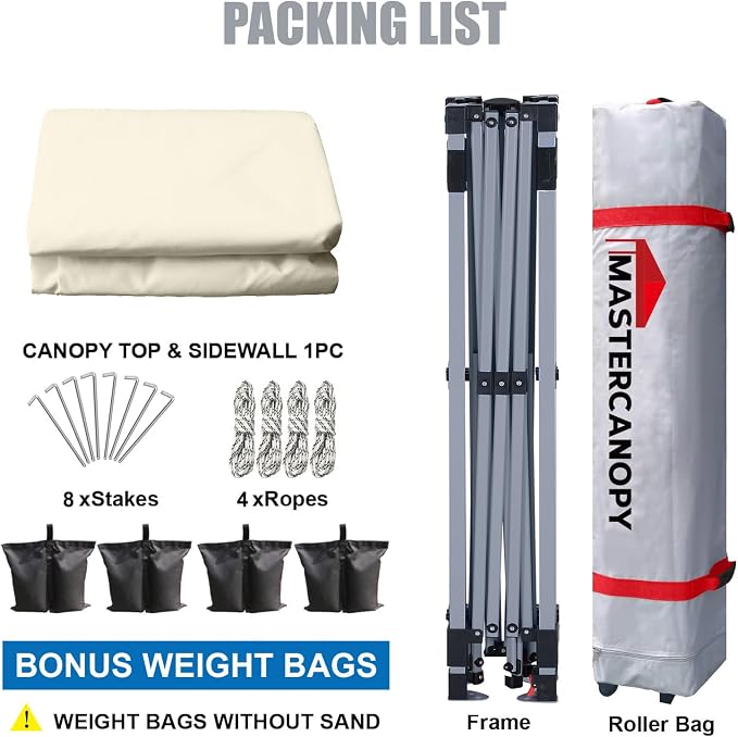 MASTERCANOPY 10x10 Pop Up Canopy Tent with 1 Sidewall, 1 Person Setup Instant Shelter, Outdoor Portable Beach Canopy, 1 Roller Bag, 4 Sandbags, 4 Ropes, 8 Stakes (10x10, Beige)