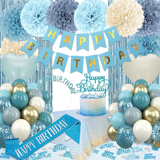 Blue Birthday Decorations Set, Blue Party Decoration Balloons with HAPPY BIRTHDAY Banner, Pom Poms, Fringe Curtain Background, Birthday Crown, Shoulder Strap for Boho Partys Girls Women Party Supplies