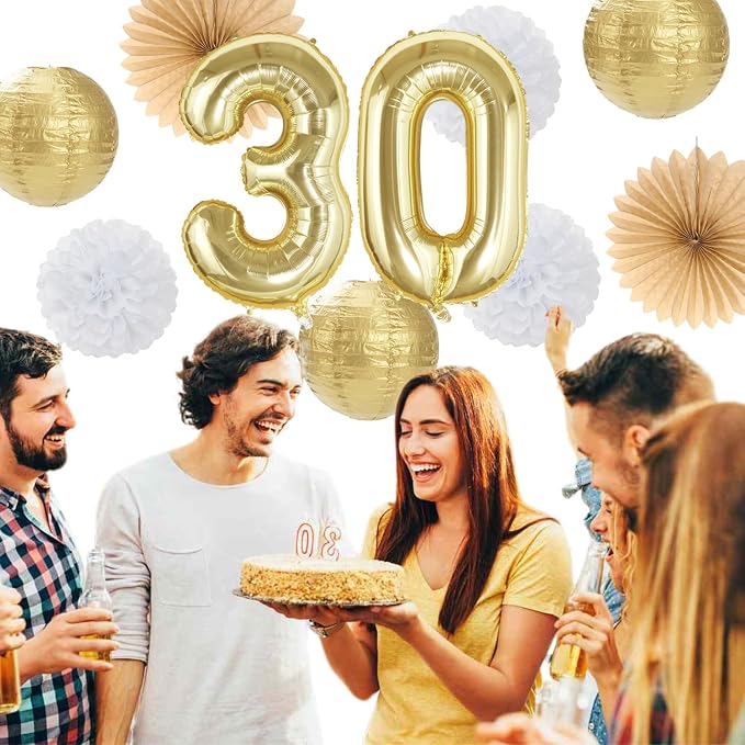 White Gold Women 30th Happy Birthday Party Decorations Hugmoon | 21pcs Kit 30th Balloon,Cute Girl Banner,Streamers,Tissue Paper Pom Poms Flowers Fans,Birthday Garlands Decor Backdrop
