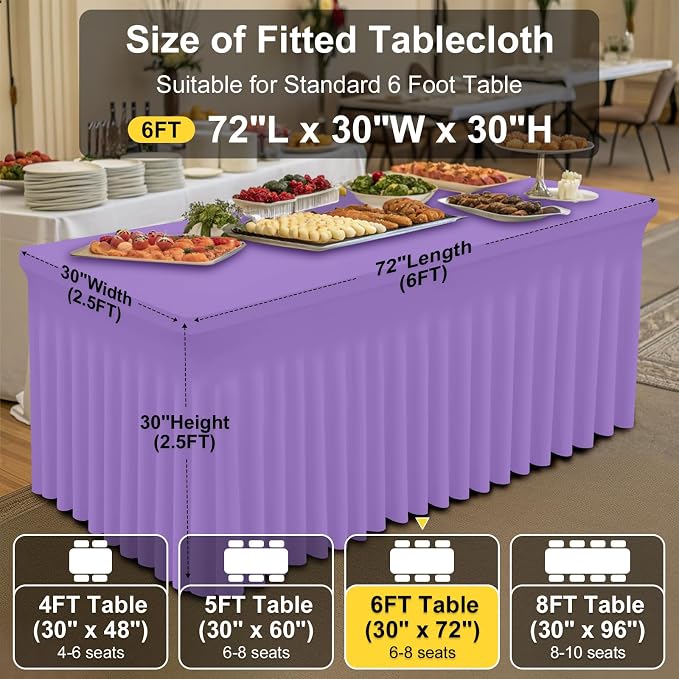 Smiry Spandex Tablecloth, Elastic Fitted Stretch Tablecloth for 6FT Rectangle Tables, Waterproof Washable Table Cover Skirt for Outdoor, Wedding, Banquet & Parties (Lavender, 72Lx30Wx30H Inch)
