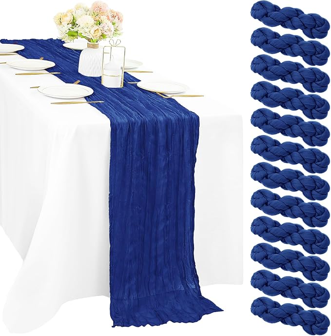 12 Pieces Royal Blue Cheesecloth Table Runner 10FT Pink Runner for Tables Gauze Fabric Boho 35 x 120 Inches Long Table Runner Decoration Rustic Sheer Runner for Wedding Baby Birthday Party Royal Blue