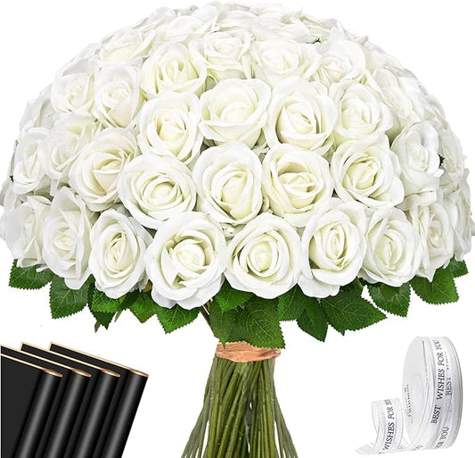 Waipfaru 50 Pcs White Roses Artificial Flowers Bulk, Real Touch Velvet Roses with Wrapping Paper, Fake Flowers for Wedding Centerpieces Bridal Bouquet Valentines Mothers Day Decor