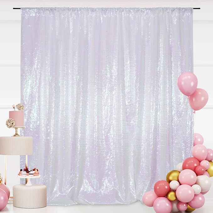 SquarePie 8x8ft Iridescent Sequin Backdrop for Photography, Satin-Backed Real Sequin Curtain, Enhanced Coverage Shimmering Background with 4" Rod Pocket for Wedding, Birthday, Party Decor, 1 Panel