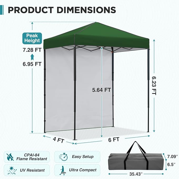 EAGLE PEAK 6x4 Instant Pop Up Canopy Tent with 1 Side Wall Panel, Straight Leg Sun Shelter, Portable Canopy with Carry Bag for Camping, Beach & Sports, Green