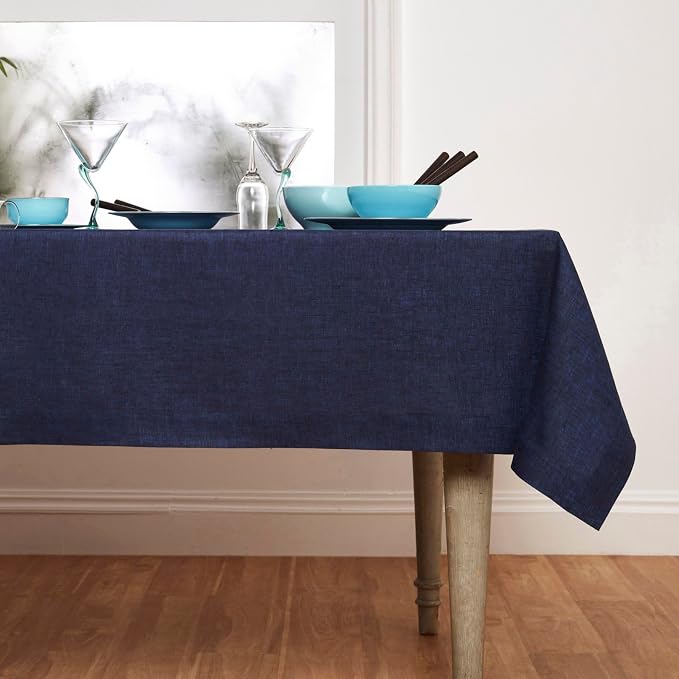 Solino Home Linen Tablecloth 60 x 144 Inch - 100% Pure Linen Chambray Navy Table Cloth for Rectangular Tables - Athena, Machine Washable Cloth Tablecloth for Summer