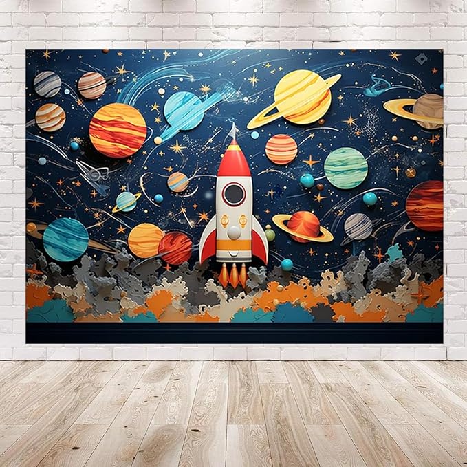 Universe Space Boy Birthday Backdrop for Photography Kids Astronaut Themed Birthday Party Decoration Children's Birthday Planet Party Background Night Sky Star Outer Space Backdrop (9X6FT)