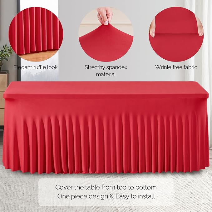Wish Care 6 Pack Red Stretch Spandex Table Clothes for 4 Foot Rectangle Tables, 4FT Wrinkle Free Fitted Tablecloths Ruffles Design Table Cover for Party, Banquet, Wedding and Events