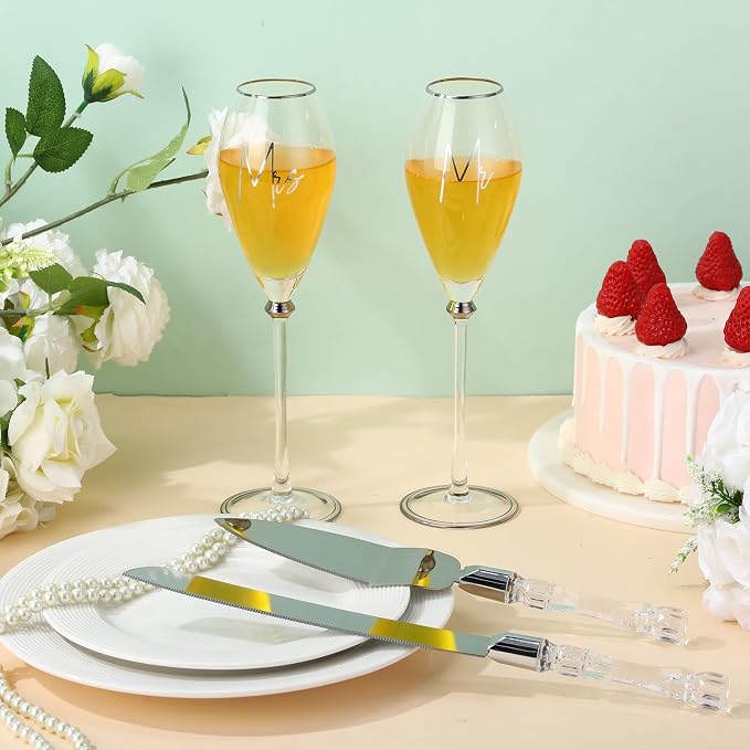 Boao 4 Pcs Wedding Cake Knife and Champagne Flutes Server Set, Wedding Reception Supplies Toasting Flutes Cylinder Champagne Glasses Cake Cutting Set for Engagement Gifts (Silver)