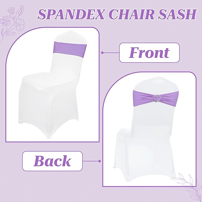 VDS - Lavender | Spandex Chair Sashes Bows | 150 PCS | Stretch Elastic Banquet Universal Folding Chair Band Tie with Silver Buckle Slider for Wedding Party Conference Celebration Event Decoration