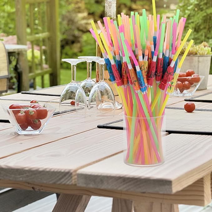 100pcs Umbrella Drinking Straws, Disposable Plastic Straws, Tropical Hawaiian Beach Cocktail Pool Luau Party Decorations Supplies