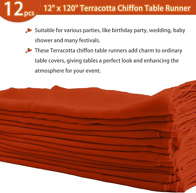 Fivenl 12 Packs Chiffon Table Runner - Terracotta, Sheer, Romantic Style for Wedding, Birthday, Baby Shower (12" x 120")