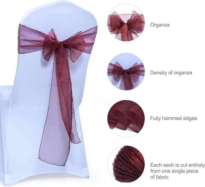 MDS® Pack of 100 Organza Chair Sashes for Wedding Decoration, Reusable Sheer Chair Bows for Banquet Chair Cover, Reception, Bridal Shower, Baby Shower, Birthday Party & Special Events - Burgundy