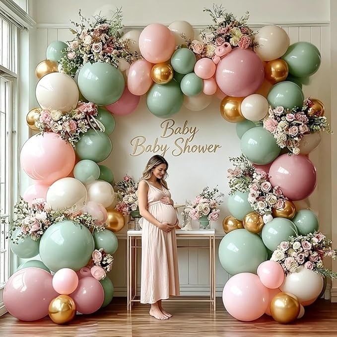 Dusty Green Pink Balloon Arch Double Stuffed Pastel Baby Pink Light Green White Cream Balloon Metallic Gold Latex Balloons for Baby in Bloom Birthday Bridal Shower Wedding Party Decorations